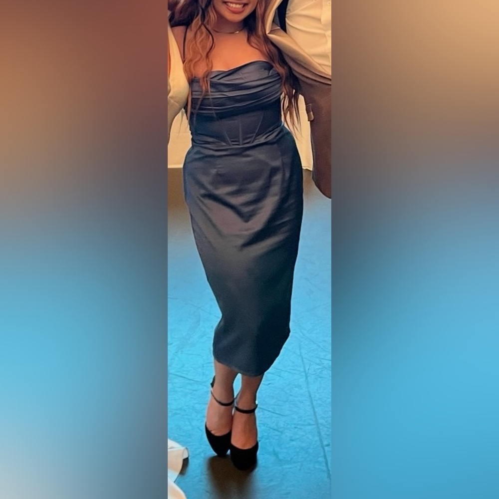 Fashion Nova Strapped Corset Satin Dress in Steel Blue W/ Slit